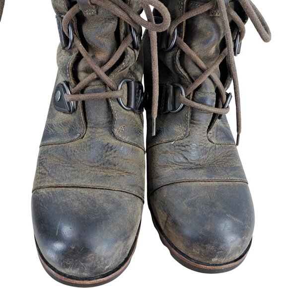 Sorel Joan of Arctic Brown Leather Internal Wedge Boots Size 9 Distressed - Picture 3 of 16